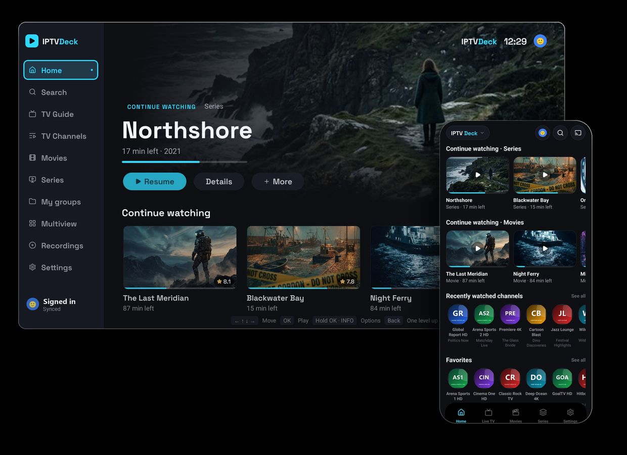 IPTV Deck running side by side on a television and a phone