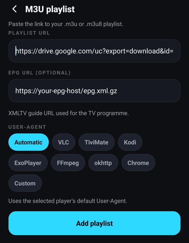 Adding an M3U playlist with a separate guide address