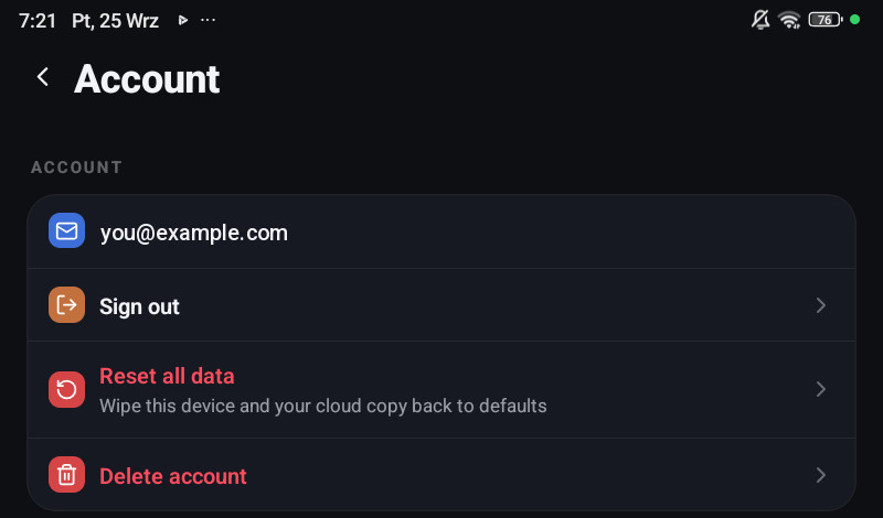 The Account settings screen on a phone