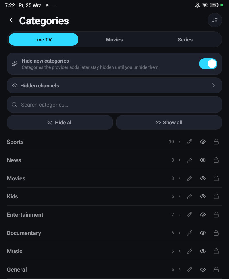 The Categories settings screen on a phone
