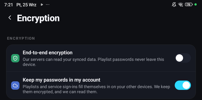 The Encryption settings screen with end-to-end encryption off and passwords kept in the account