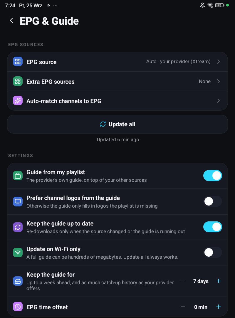 The EPG and Guide settings screen