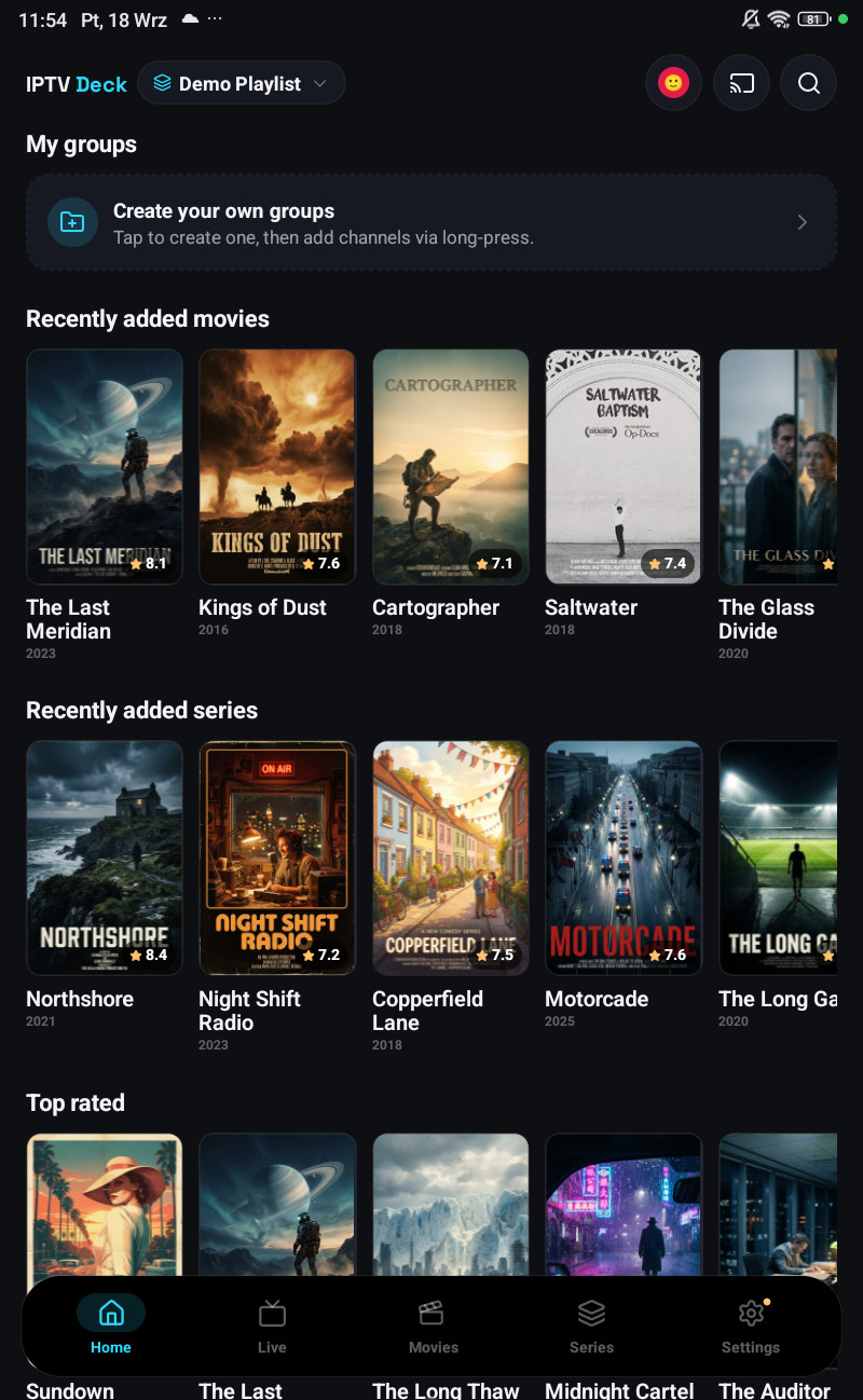 The IPTV Deck home screen on a phone