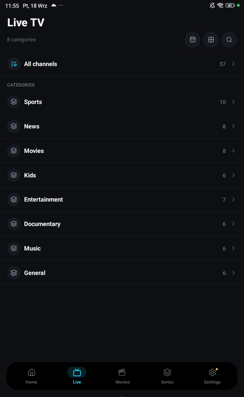 The Live tab folder screen on a phone