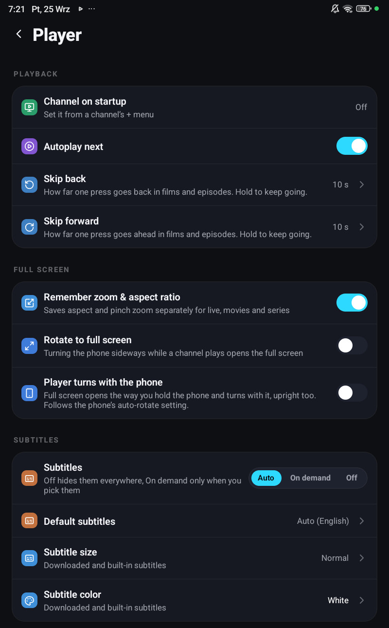 The Player settings screen