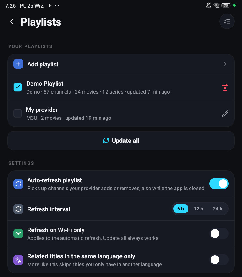 The Playlists settings screen on a phone