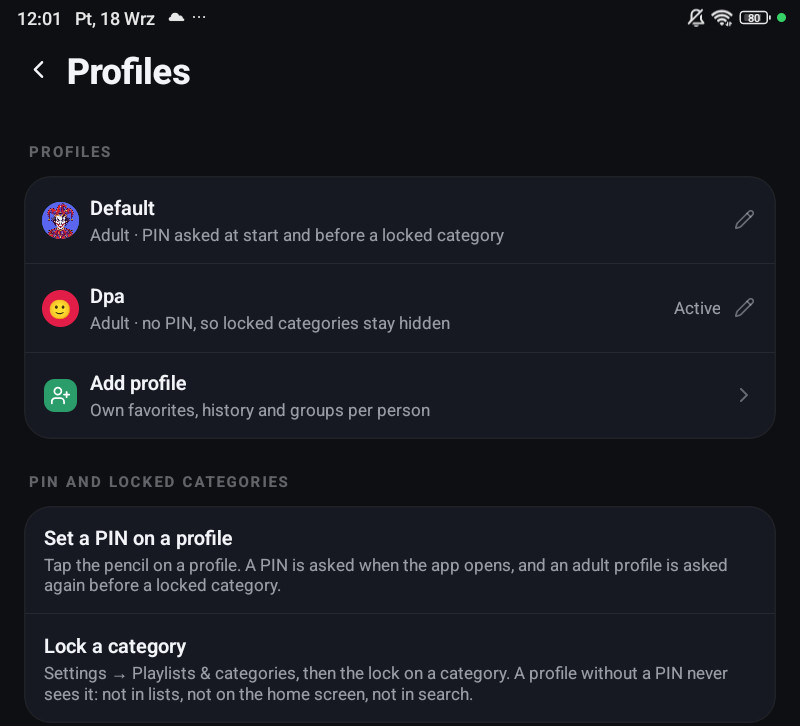 The profiles settings screen on a phone