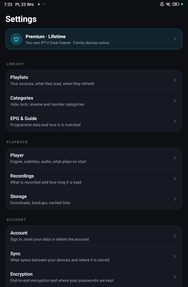 The Settings screen on a phone