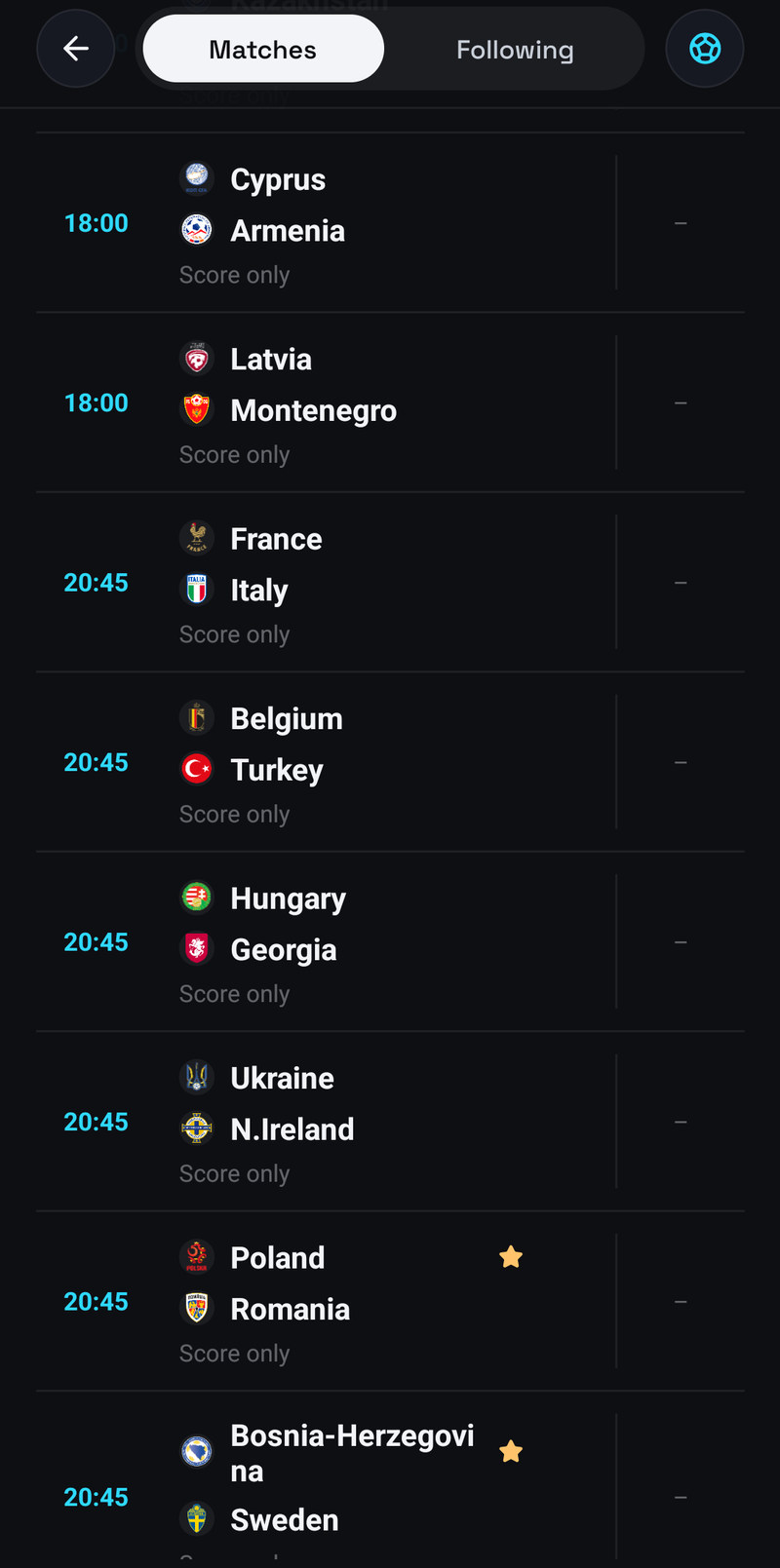 The list of matches on a phone