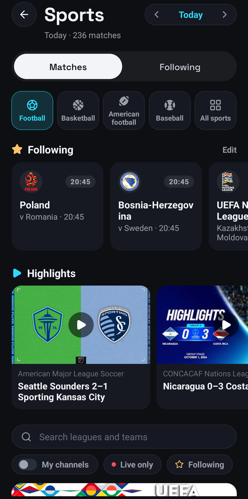 The Sports screen on a phone