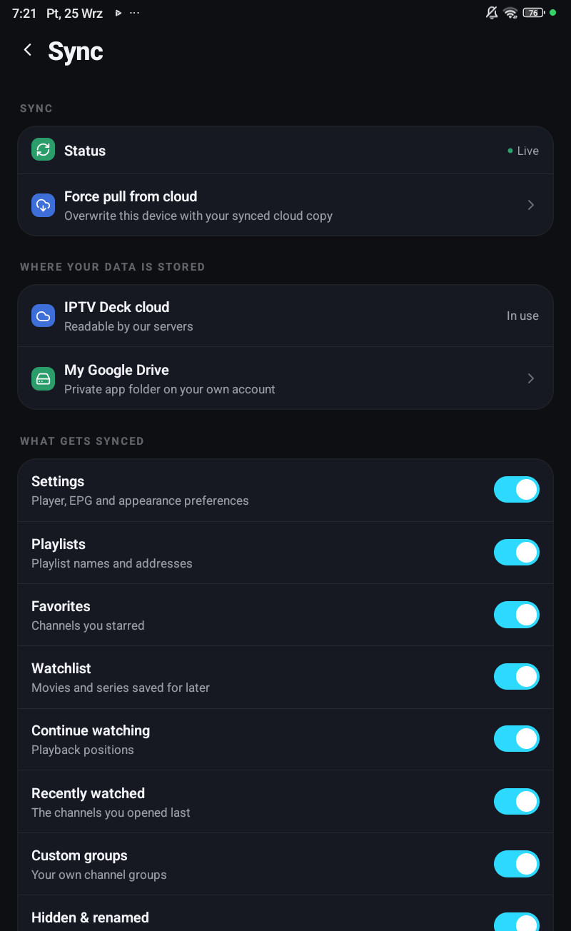 The Sync settings screen on a phone