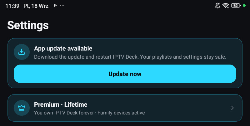 The top of Settings with an update banner