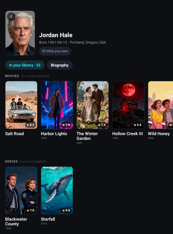 An actor page listing the films and series found in the playlist