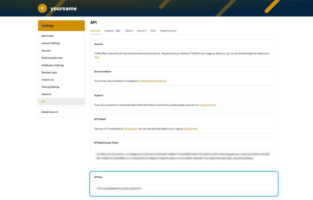 The TMDB API page with the API Key box highlighted