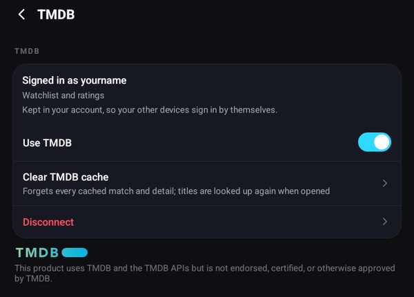 The TMDB screen after connecting, kept in the account
