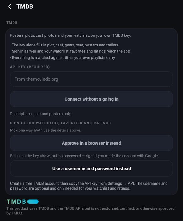The TMDB screen in IPTV Deck settings, before connecting