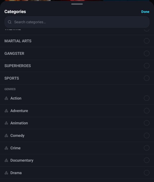 The Categories sheet with the Genres section