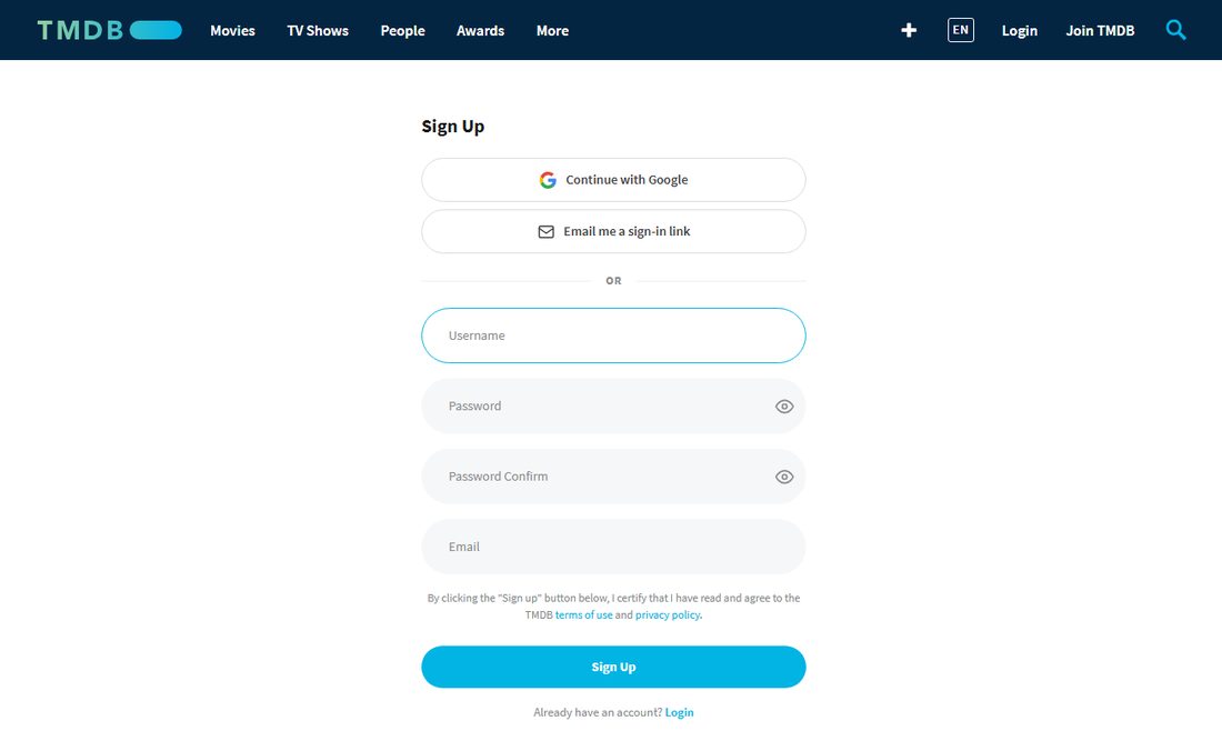 The TMDB sign-up page