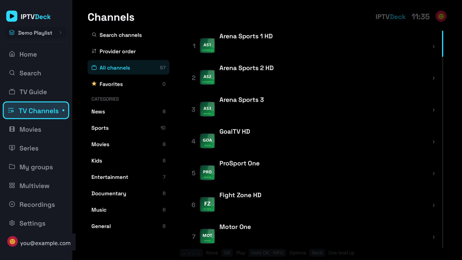 The channel list on a television with a category column