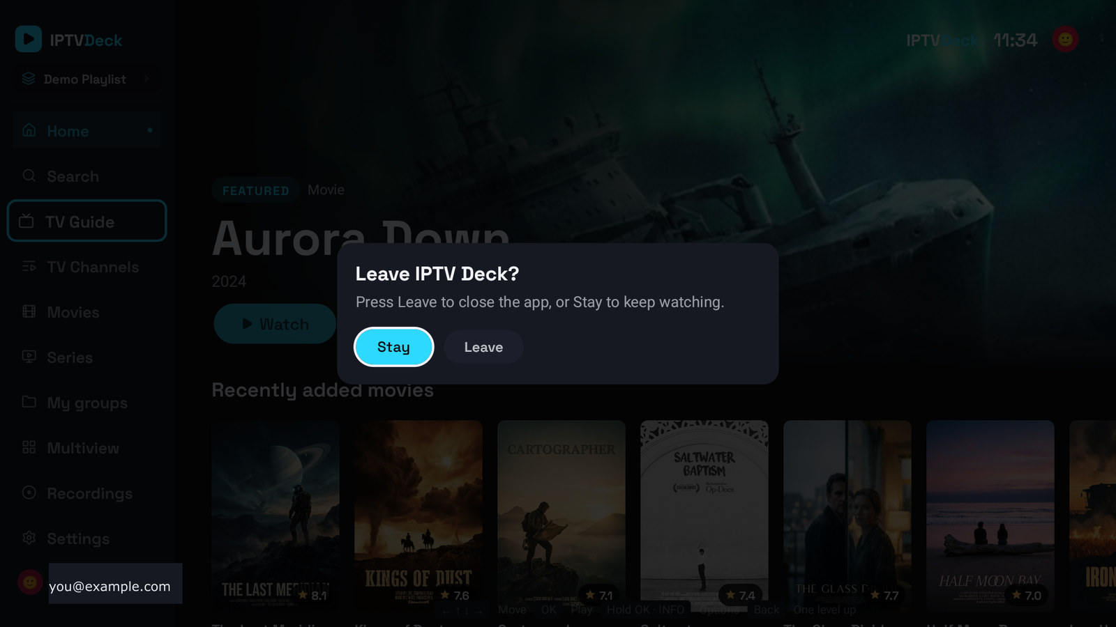 The Leave IPTV Deck dialog on a television