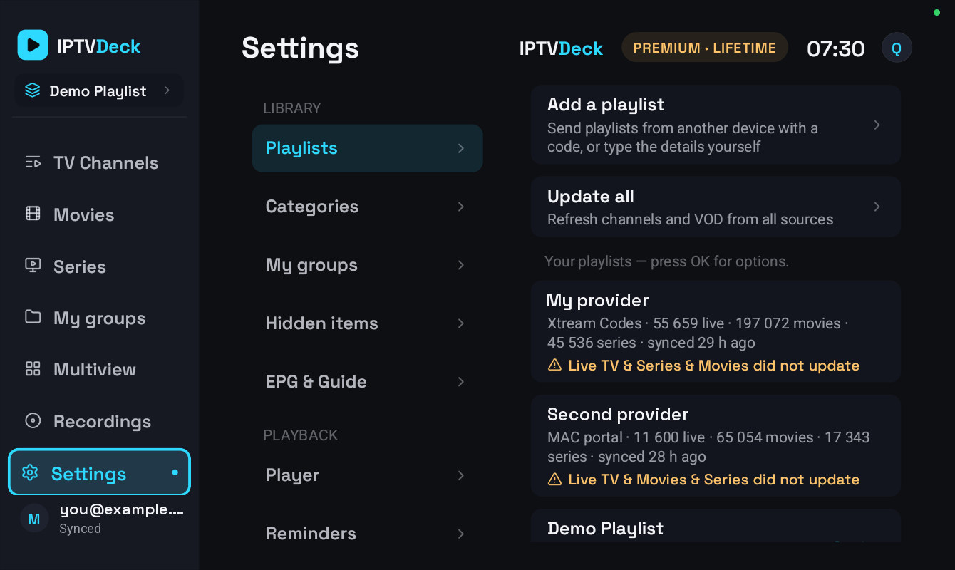 Settings on a television, showing the playlists section