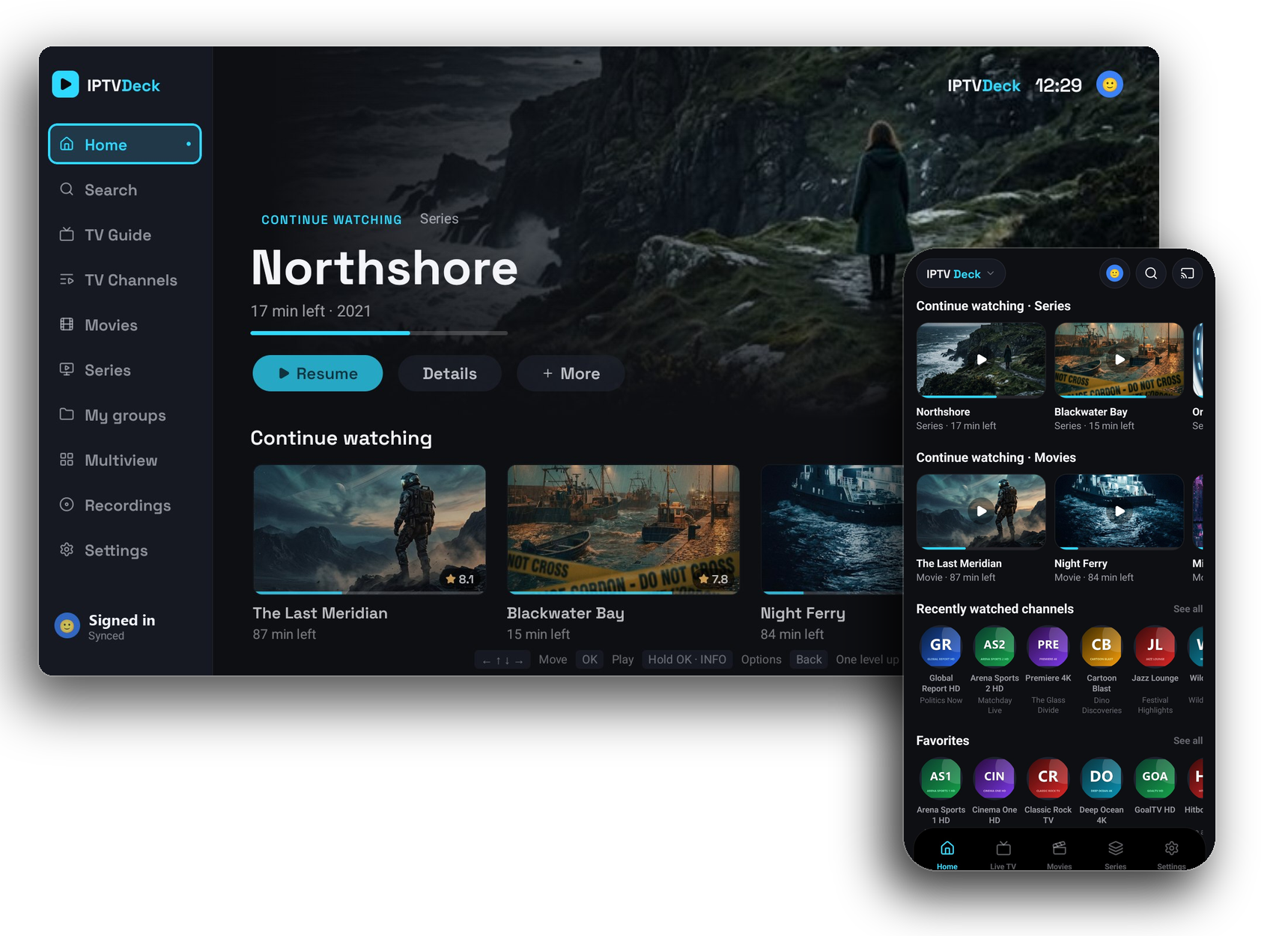 IPTV Deck on Android TV and on a phone